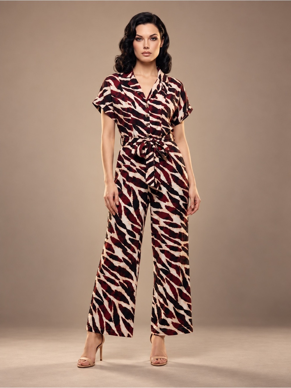 Jumpsuit Burgundy & Cream Animal Print Wide Leg Cap Sleeves Size Medium